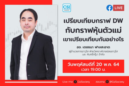 20 พ.ค. 2564 “เปรียบเทียบกราฟ DW กับกราฟหุ้นตัวแม่ เขาเปรียบเทียบกันอย่างไร” อจ. เดชธนา ฟางสะอาด ผู้อำนวยการอาวุโส ฝ่ายวิเคราะห์รายย่อยอาวุโส บล. คันทรี่กรุ๊ป จำกัด