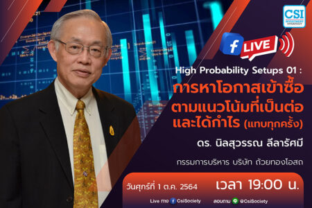 1 ต.ค. 2564 “High Probability Setups 01 : การหาโอกาสเข้าซื้อตามแนวโน้มที่เป็นต่อและได้กำไร (แทบทุกครั้ง)” ดร. นิลสุวรรณ ลีลารัศมี กรรมการบริหาร บริษัท ถ้วยทองโอสถ จำกัด